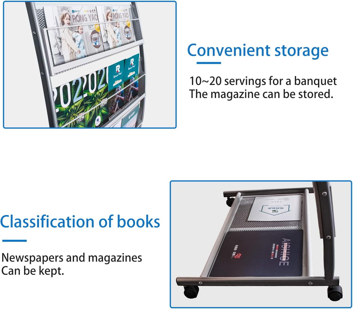 GBOLE Floor-Standing Magazine Rack, Brochure Display Stand with 4 Pockets for Trade Show Exhibitions Office Retail Store with casters Easy to Move Great Quality Easy to Assemble 44.1" H (Silver) : Office Products