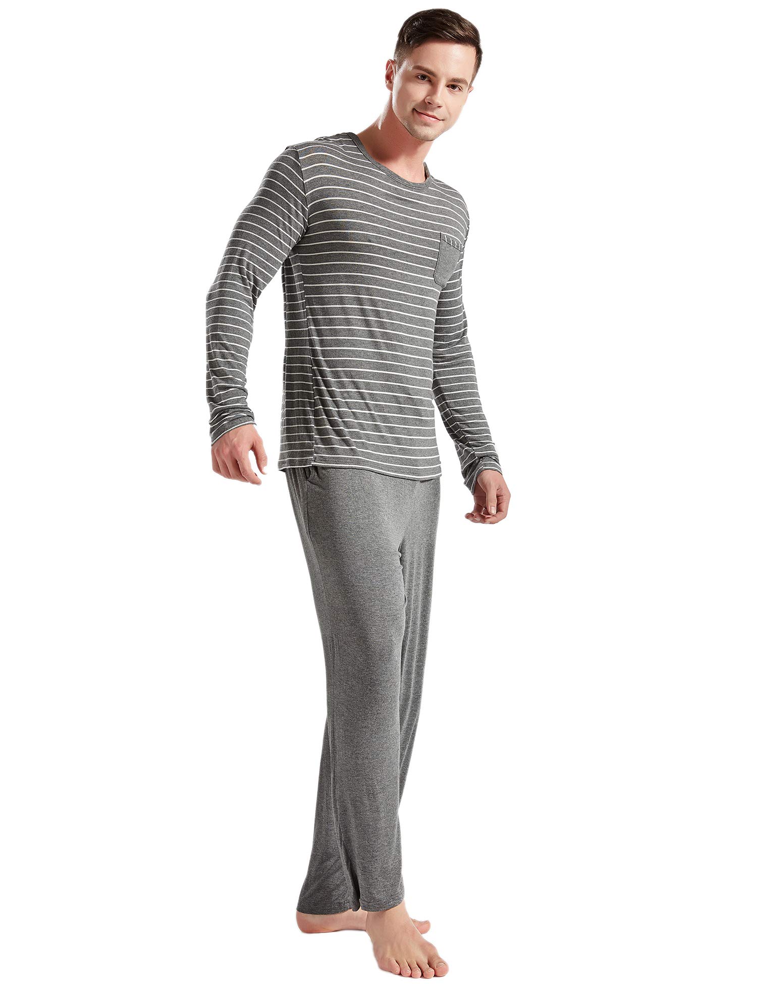 LEMONMOON Men\'s Pajama Set Cotton Classic Striped Crew Neck Sleepwear 2 Piece Long Sleeve Tee with Long Pants, Gray S