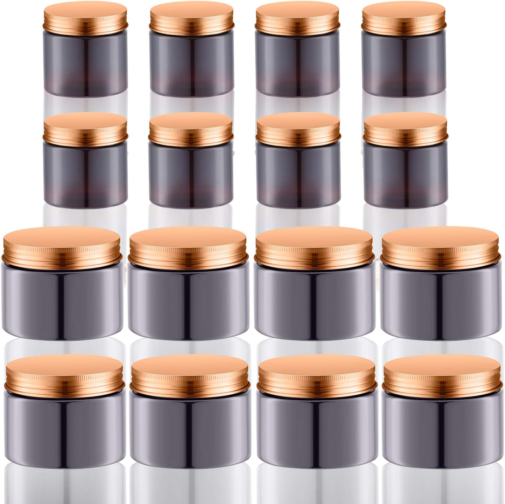 16 PCS Amber Round Plastic Jars with Inner Liners and Gold Aluminum Lids. Empty Brown Cosmetic Containers. Cream jars with Screw Cap (5Oz & 1.7Oz)