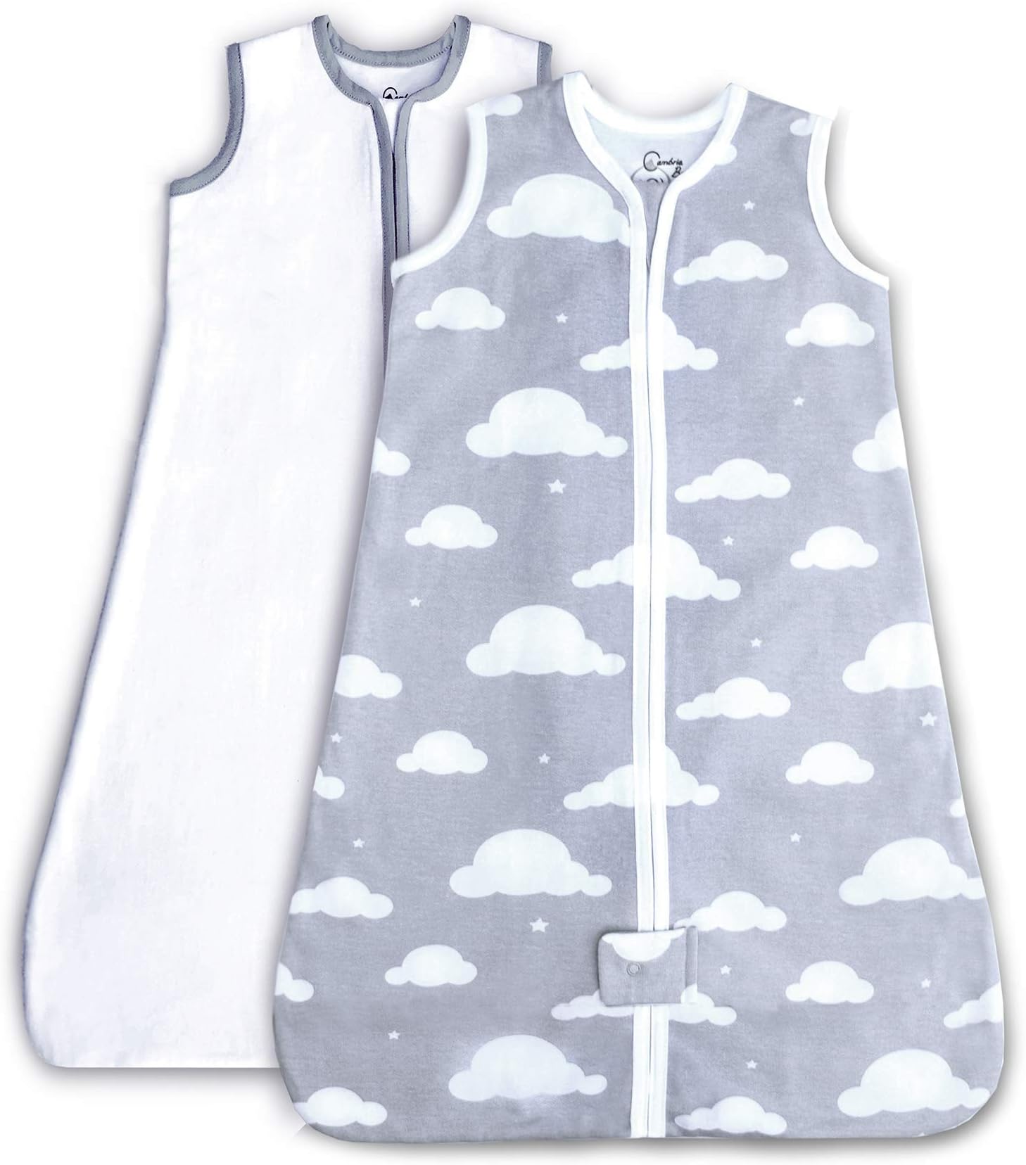 Cambria Baby 100% Organic Cotton Sleep Sack. Cozy and Safe, with Bottom to Top Zipper for Easy Diaper Changes. in White and Gray Cloud Pattern for Girls and Boys. 2 Pack (Small)