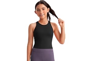 CRZ YOGA Girls Seamless Ribbed Longline Sports Bra - High Neck Racerback Training Yoga Bra for Teens Kids Dance Crop Top