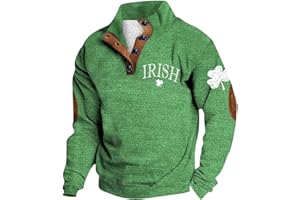 Fxbar Mens St Patrick's Day Print Sweatshirts Lapel Hoodless Button Up Pullover Hoodies for men Stand Collar Shirt