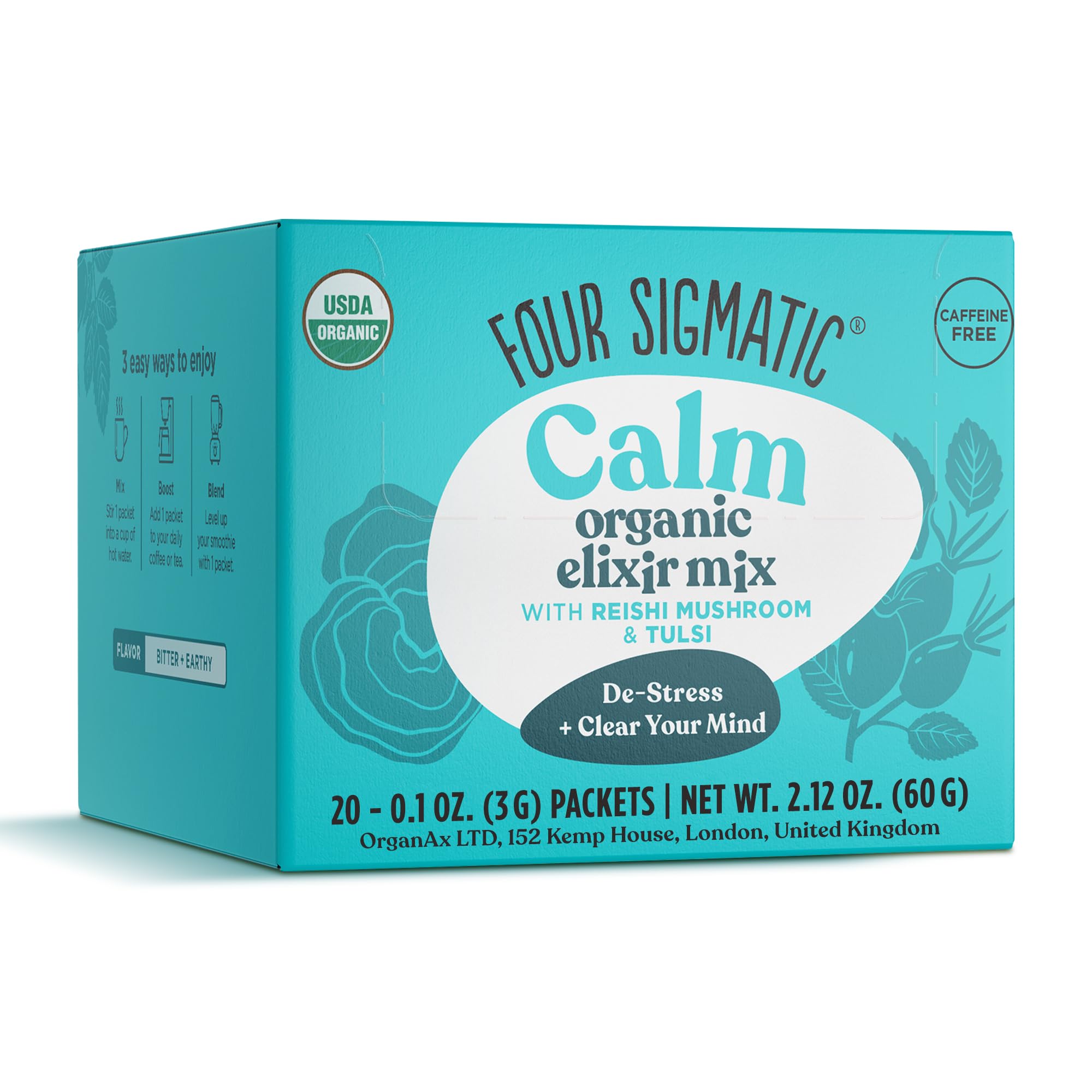 Four Sigmatic Reishi Mushroom Elixir Mix| Coffee Alternative with Organic Reishi Mushroom Powder, Tulsi, Rose Hips & Mint | Support Stress & Sleep | Decaf, Vegan, Gluten-Free & Keto | 20 Packets