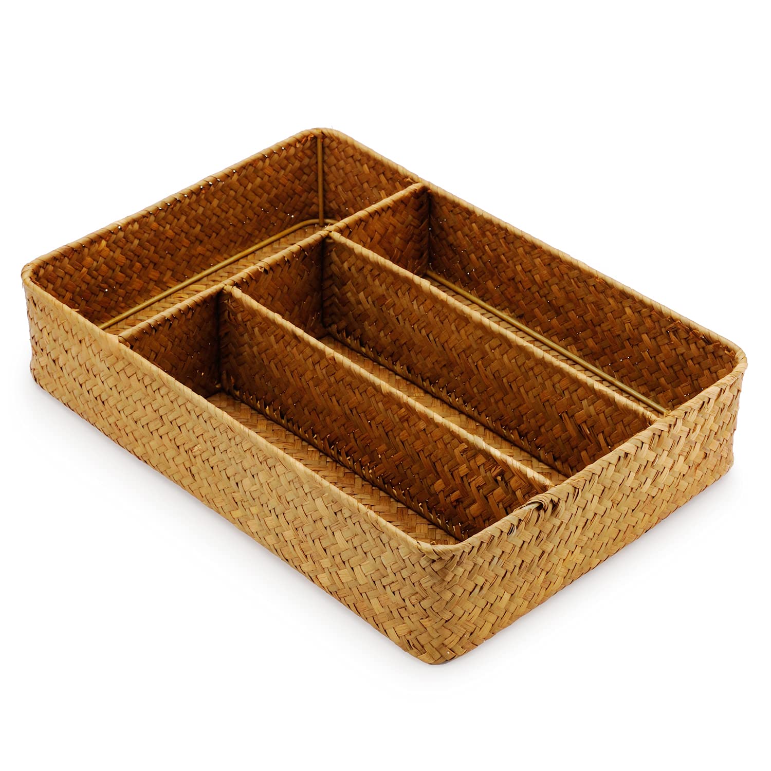 DECRAFTS Seagrass Storage Basket with Compartments Utensil Tray for Organization Silverware Flatware Rectangular Shelf Baskets with 4 Sections Natural — image 1