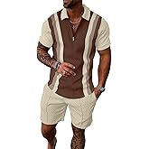 UOUA Mens Summer Track Suits 2 Piece Shorts Sets Short Sleeve Sweatsuit Outfits 1/4 Zip Golf Polo Splicing Striped Shirts