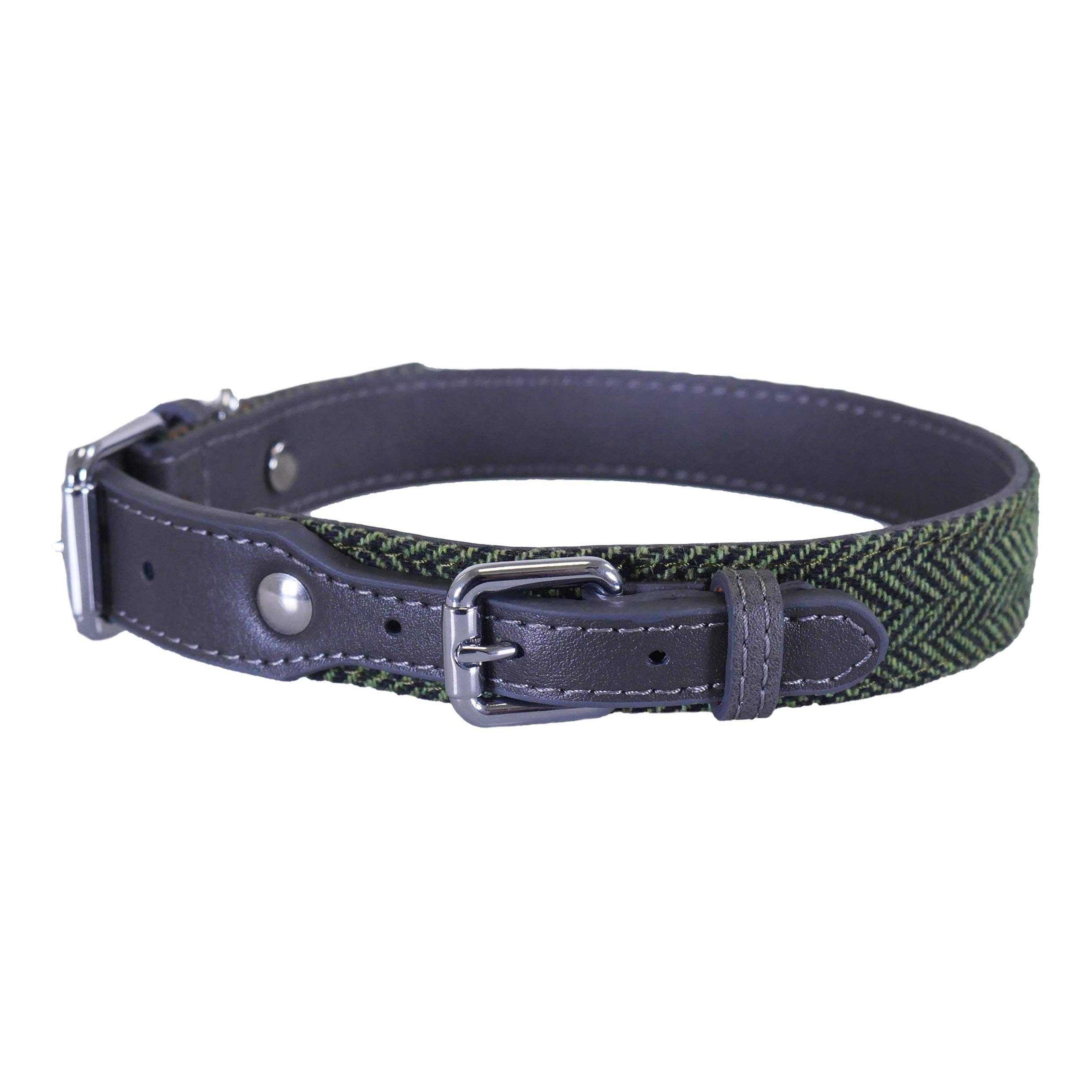 Rosewood Forest herringbone & grey leather dog collar 12-16", M