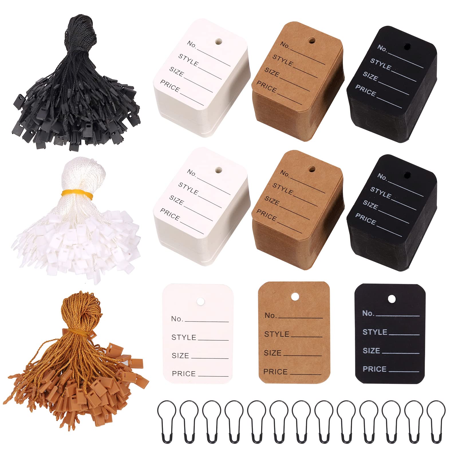 Keadic 1700pcs Pre-Printed Clothing Price & Hang Tag Set, Black Metal Gourd Safety Pins, 3 Colors Perforated Garment Coupon Tags & Nylon Loop Fastener Hook Ties for Clothes Retail Store
