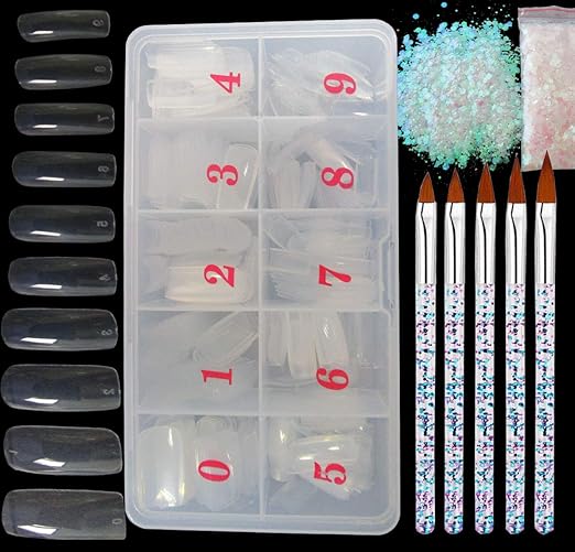 Acrylic Nail Art Kit 500pc Clear False Nail Tips Full Cover Square Artificial Nails