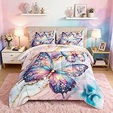 HOSIMA Butterfly Twin Comforter Set,Two Colorful Butterflies Print Golden Marble Grain Ink Fluid Art Bedding,Pink Fluffy Comforter Aesthetic Room Decor for Teen Girls with 2 Pillowcases.