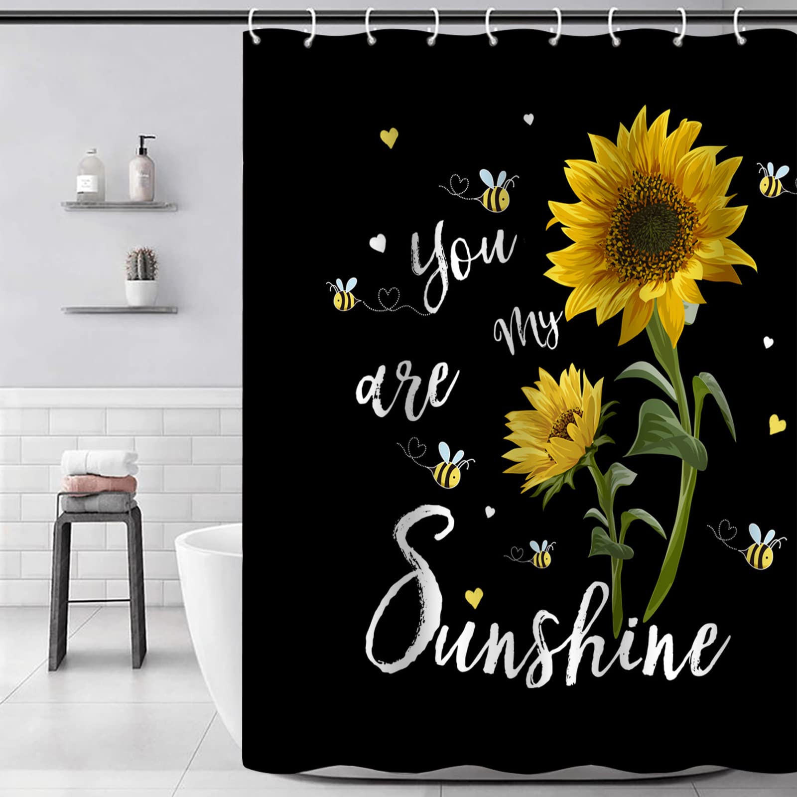 You are My Sunshine Sunflower Shower Curtain, Inspirational Quote Yellow Sunlowers Bees Rural Countryside Black Background Bathroom Decor Polyester Curtains with Hooks , 180 x 180 cm