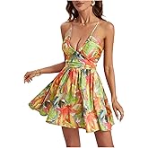 MakeMeChic Women's Boho Floral Summer Dress Criss Cross High Waisted V Neck Sleeveless Short Sundress