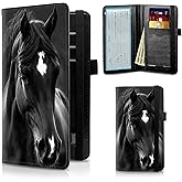 FUYOCWE Leather Checkbook Covers for Men Women Check book Holder Cover Wallets for Personal Checkbook Duplicate Checks with RFID Blocking & Elastic Strap-Beautiful Black Horse