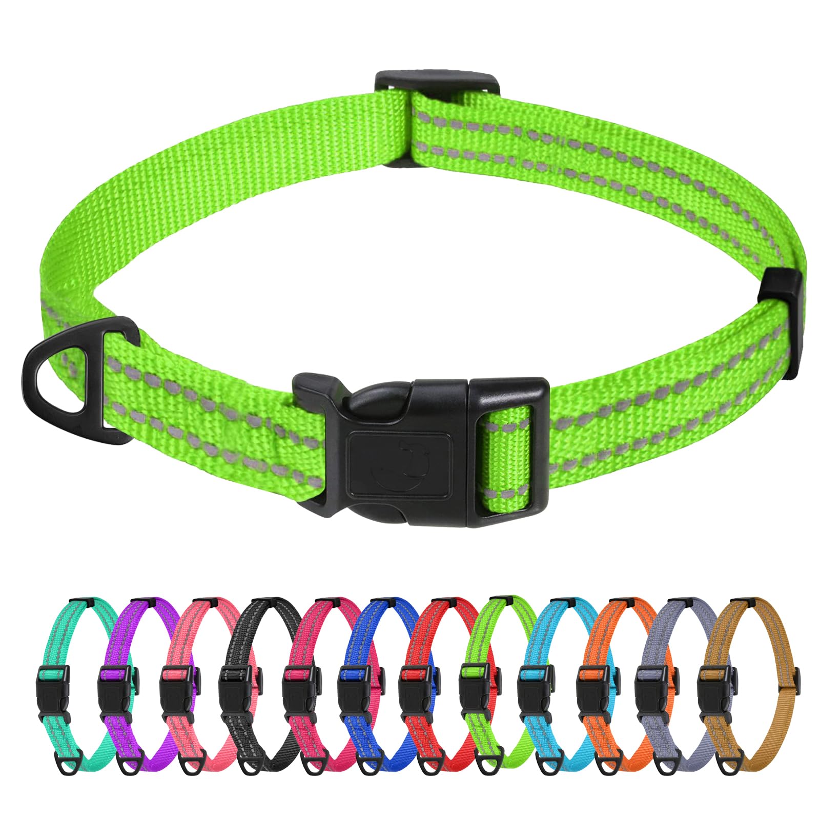 TagMe Reflective Nylon Dog Collars, Adjustable Classic Pet Collar with Quick Release Buckle for Extra Small Dogs, Green, 1.5 cm Width