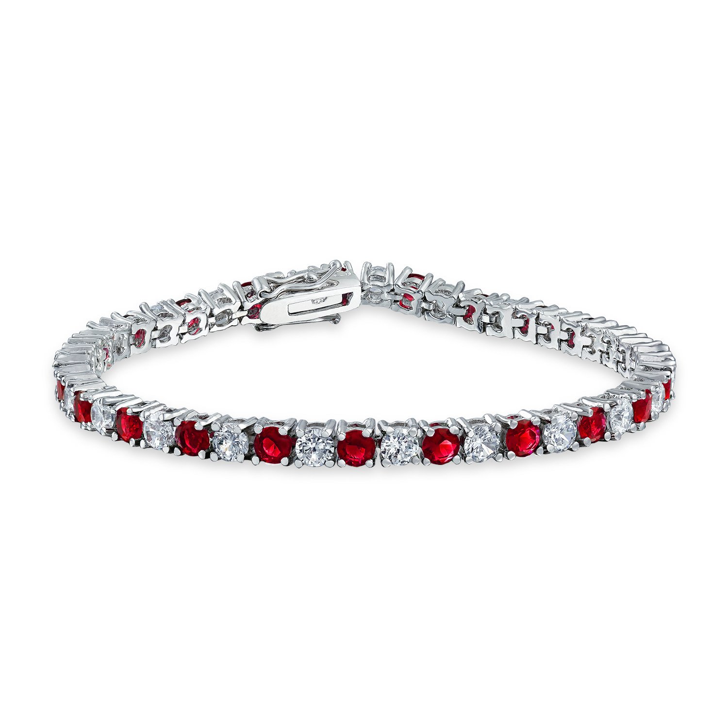 Bling Jewelry Red White Alternating Simulated Ruby Round Cubic Zirconia 12.00 CT 4 Prong Basket Set Solitaire AAA CZ Tennis Bracelet For Women Prom Bride Silver Plated 7.5 Inch — image 1