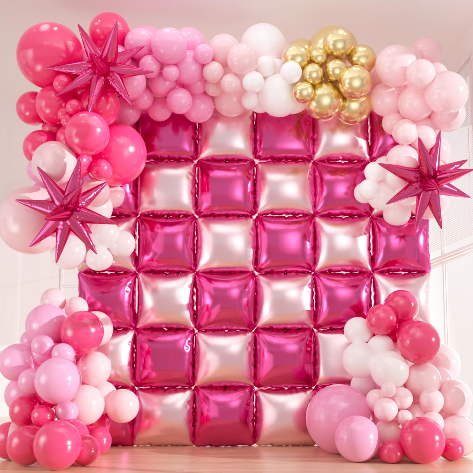 Photo 1 of 36pcs Hot Pink Double Sided Square Foil Balloons Wall Backdrop with 188pcs Pink Balloons Arch Kit & Star Mylar Ballons for Anniversary Bridal Shower Bachelorette Birthday
