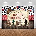 Mocsicka Western Cowboy Happy Birthday Backdrop Rustic Old West Rodeo Cowboy Background Red Bandana and Rustic Wood Kids Birthday Party Decoration Banner (7x5ft (82x60 inch))