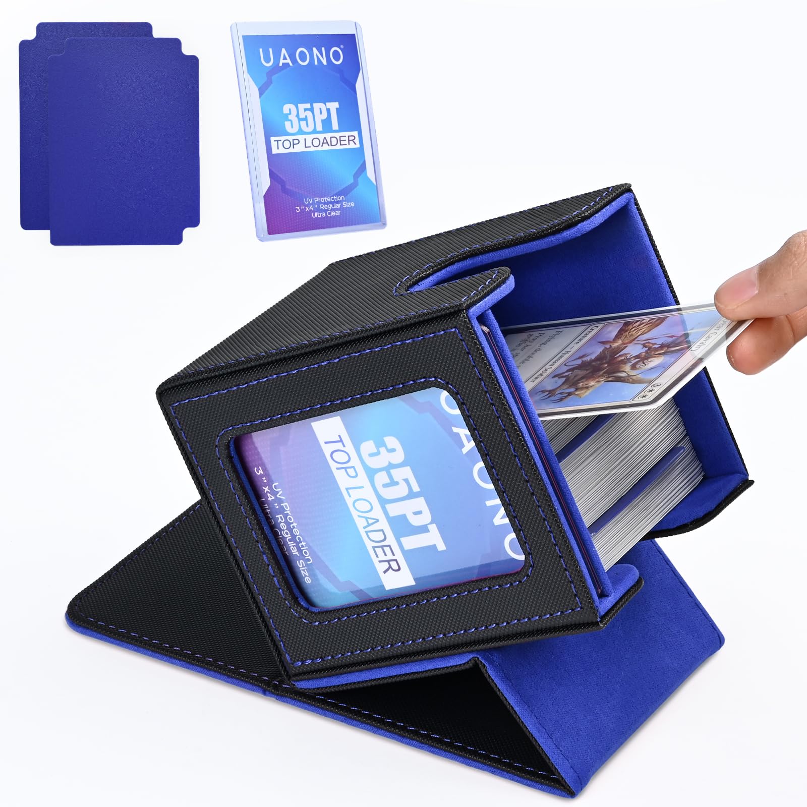 UAONO Card Deck Box with MTG Commander Display, Patented Design Card Deck Case Holds 100+ Double-Sleeved Cards, PU Leather Cards Storage Box For TCG with 2 Dividers, 1 Top Loader (Black&Blue)