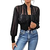 Milumia Women's Striped Lightweigh Sheer Mesh Crop Bomber Jacket
