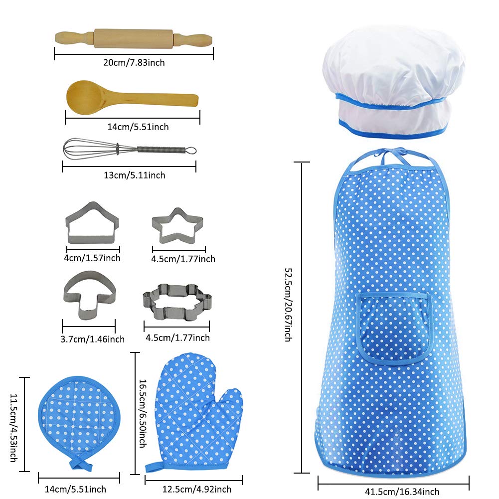 Children Chef Set, 11PCS Cooking and Baking Custom for Kitchen Role Playing, Chef Apron, Hat, Mitt, Utensils for Little Girls and Boys