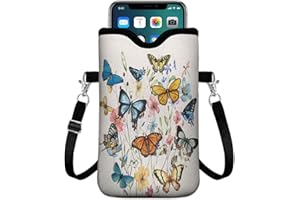 GEGEPINK Universal Phone Sleeve Pouch with Crossbody Strap 7.6 X 4.3 Inches Shockproof Water Resistant Mobile Protection Bag-Butterfly Wildflower Neoprene Phone Pouch Bag