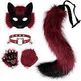 HAOAN Faux Fur Half Face Mask Paw Gloves Wolf Fox Tail and Leather Necklace Set Costume for Halloween Cosplay Party