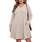 BELAROI Plus Size Sweater Dress for Women Tshirt Fall Dresses Winter V Neck Long Sleeve Pockets Casual Party Loose Fit