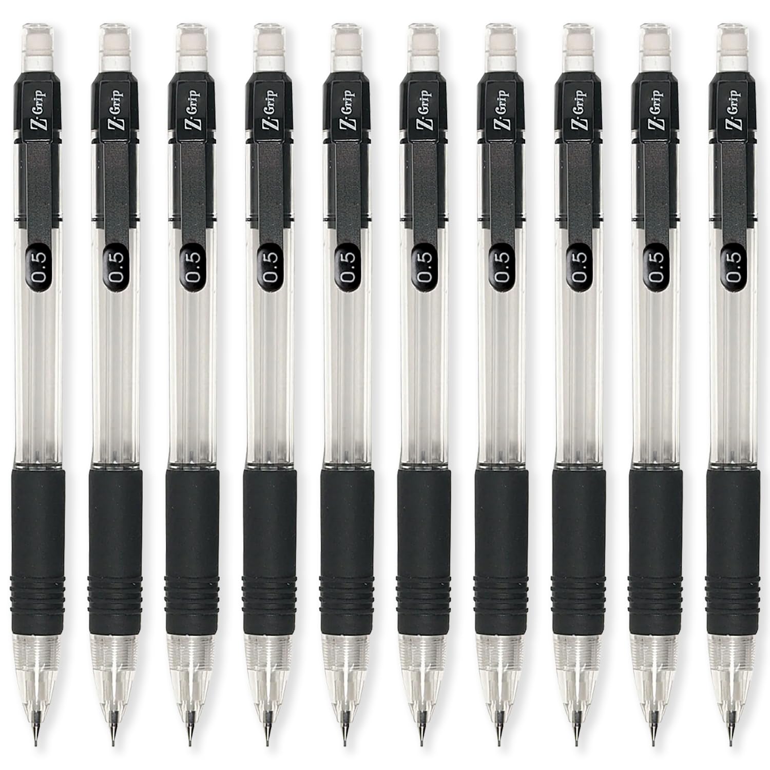Zebra Z-Grip Mechanical Pencil - Black Grip & Clear Barrel - 0.5mm HB Lead - Retractable & Refillable - Pack of 10