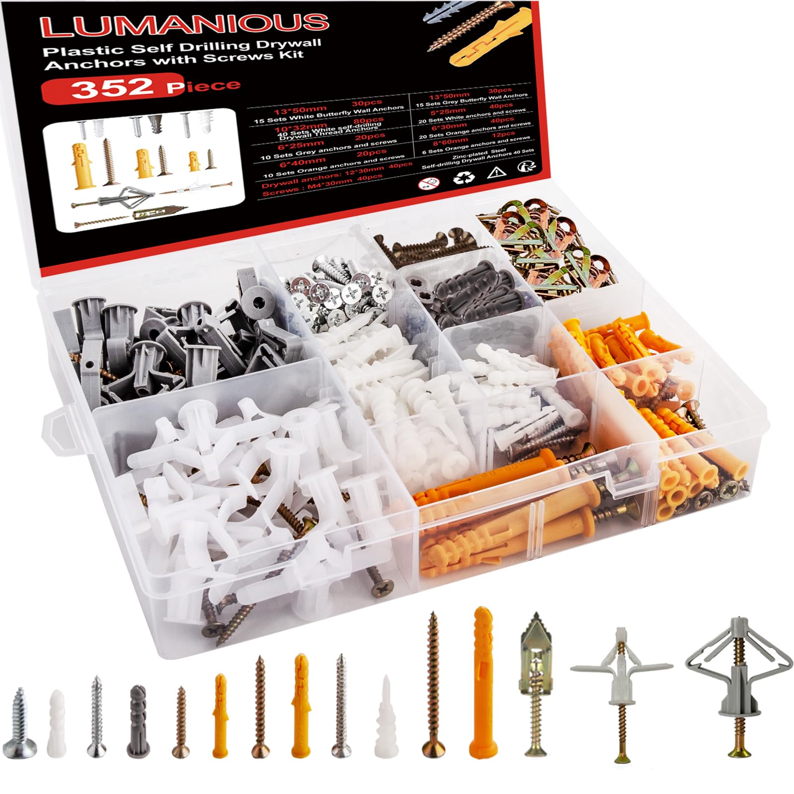 Photo 1 of 352pcs Self-Drilling Drywall Anchors and Screws Kit, 9 Different Assorted Size, Include Nylon Plastic Wall Anchors,Galvanized Steel Anchors, Screws, Hollow Door Anchors, Holds Up to 75lbs