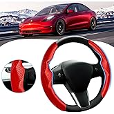 Canvcle Steering Wheel Cover for Telsa Model 3/Model Y Accessories Carbon Fiber Steering Wheel Cover Protector Anti-Slip, Comfortable Grip, Breathable, Model 3/Y Accessories, Red