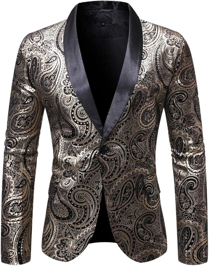 Mens Paisley Dinner Dress Jacket Gold Floral Tux Suit Blazer Shawl