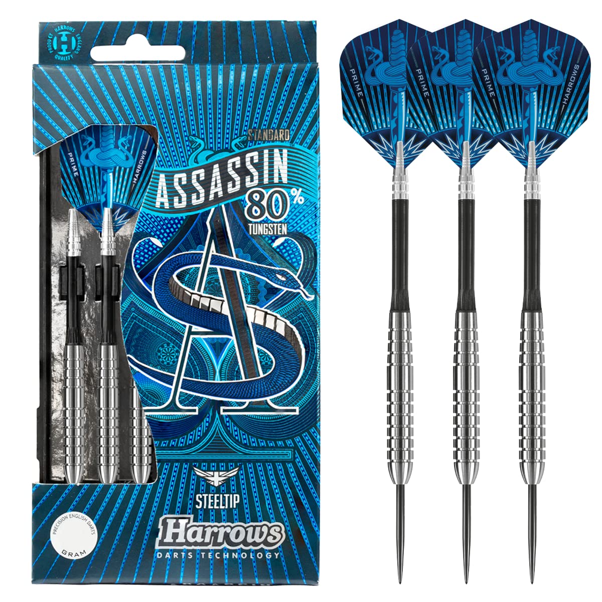 Harrows Assassin Tungsten Pro Darts | Steel Tip Darts set with carry case | All Weights| Includes Nylon Shafts, 100 Micron Prime Flights and Travel Case (24g)