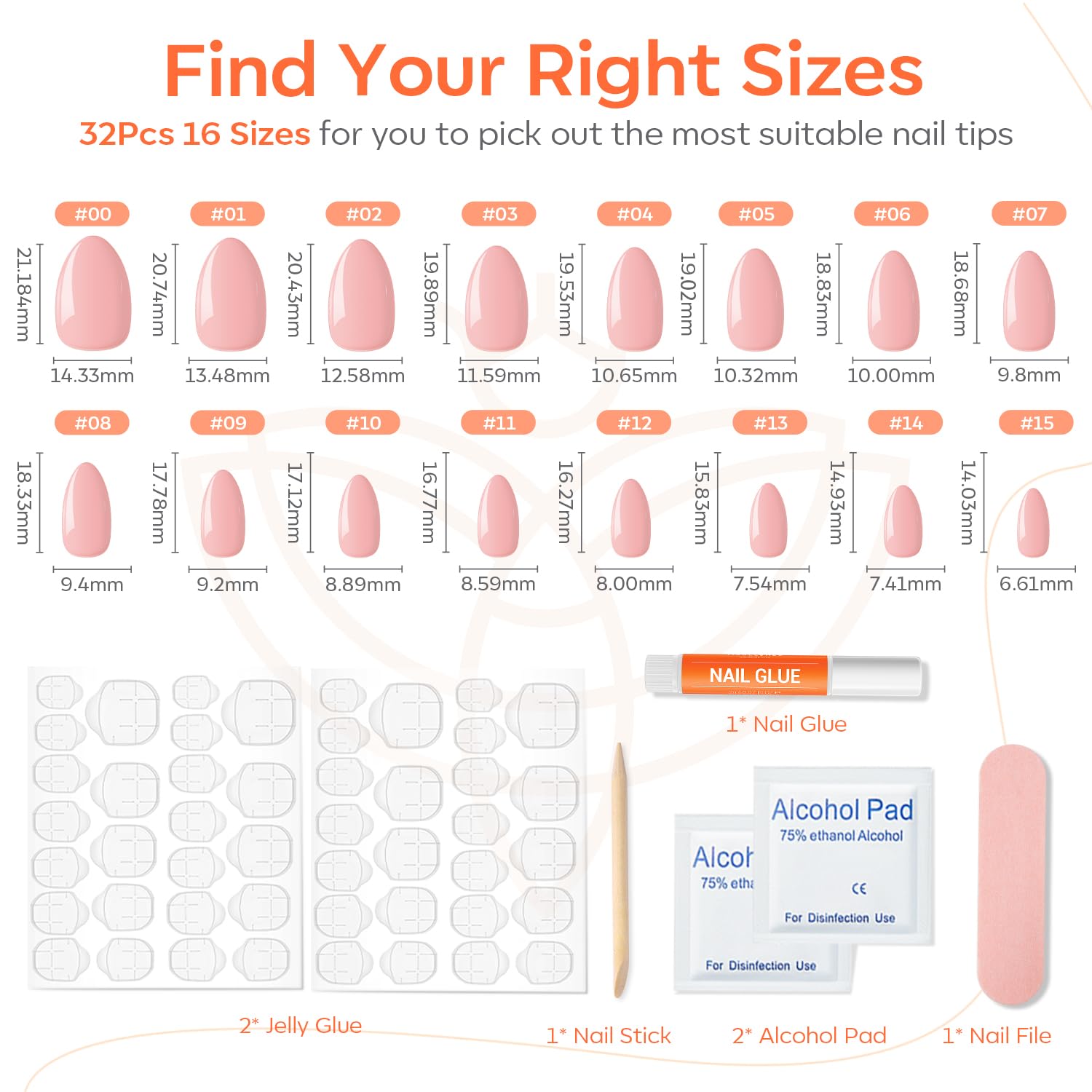 Modelones Pink Press on Nails Almond, Spring Easter Medium Fake Nails, Reusable Nail Kit with Nail Glue Adhesive Tabs Mini Nail File, Nails Press Ons 32Pcs 16 Sizes, Women Girl Gift - Image 4