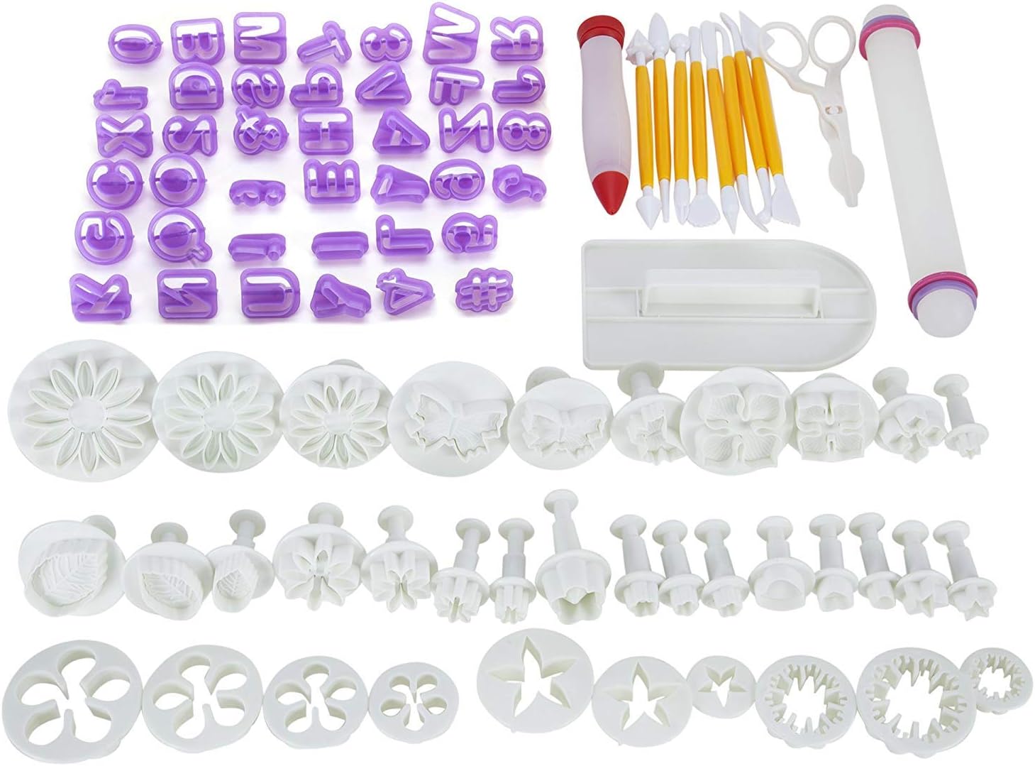 Fondant Cake Sugarcraft Alphabet Cutters Tools Letters Decorating Tool Icing Modelling Tool Kit with Alphabet Cutters, Rolling Pin, Smoother, Embosser Mould Tools, Scissors