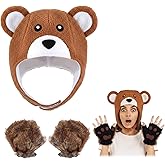 Zoooyawn 3 Pcs Brown Bear Halloween Costume Set Plush Brown Bear Hat with Ear Flaps Faux Fur Fingerless Paws Gloves with Elastic Wristbands for Adult Halloween Cosplay Party Outfit Decoration Supplies