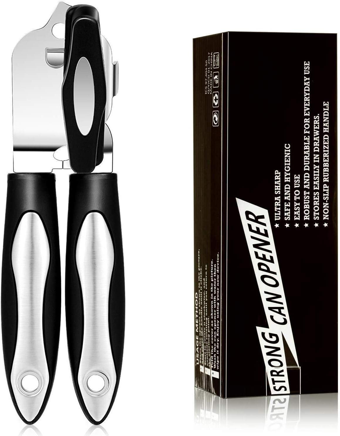 Can Opener Manual, Adoric Professional Heavy Duty Can Opener Stainless Steel, Ergonomic Smooth Edge Jar/Bottle Opener Ultra Sharp with Easy Turn Knob, Black