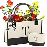 OATALY Monogrammed Canvas Tote Bag with Zipper Pockets - Ideal Gift for Mom, Teacher, Sister