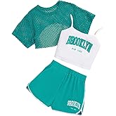 RoseSeek Girl's 3 Piece Activewear Set Letter Graphic Sleeveless Crop Cami Top and Shorts with Fishnet T Shirts
