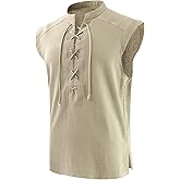 SYQBR Mens Medieval Pirate Lace-up Sleeveless Shirt, Renaissance Viking Stand Collar Top, Steampunk Gothic Costume Tunic