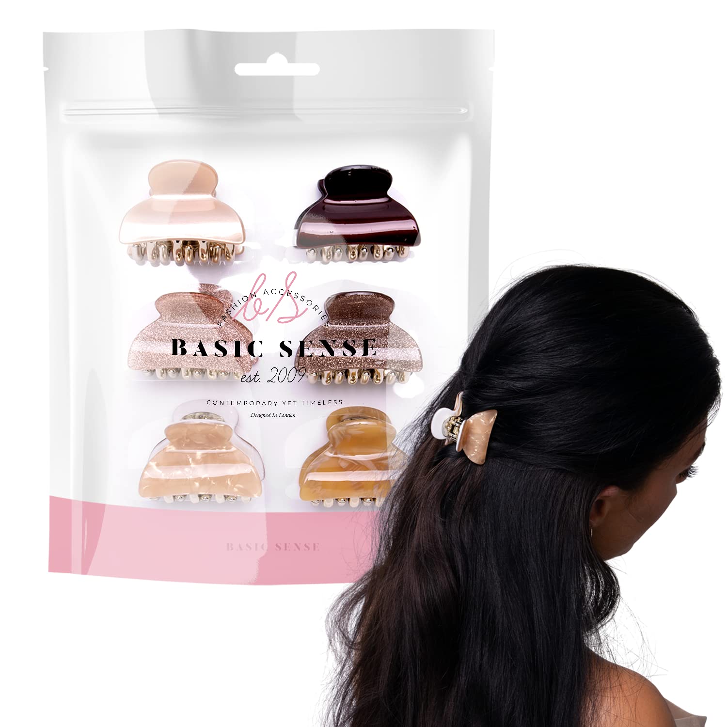 BasicSense 6PCS Hair Claw Set Sturdy Glitter Marble Clamp Clips Set for Women Girls Small hair grips, Brown Assortment