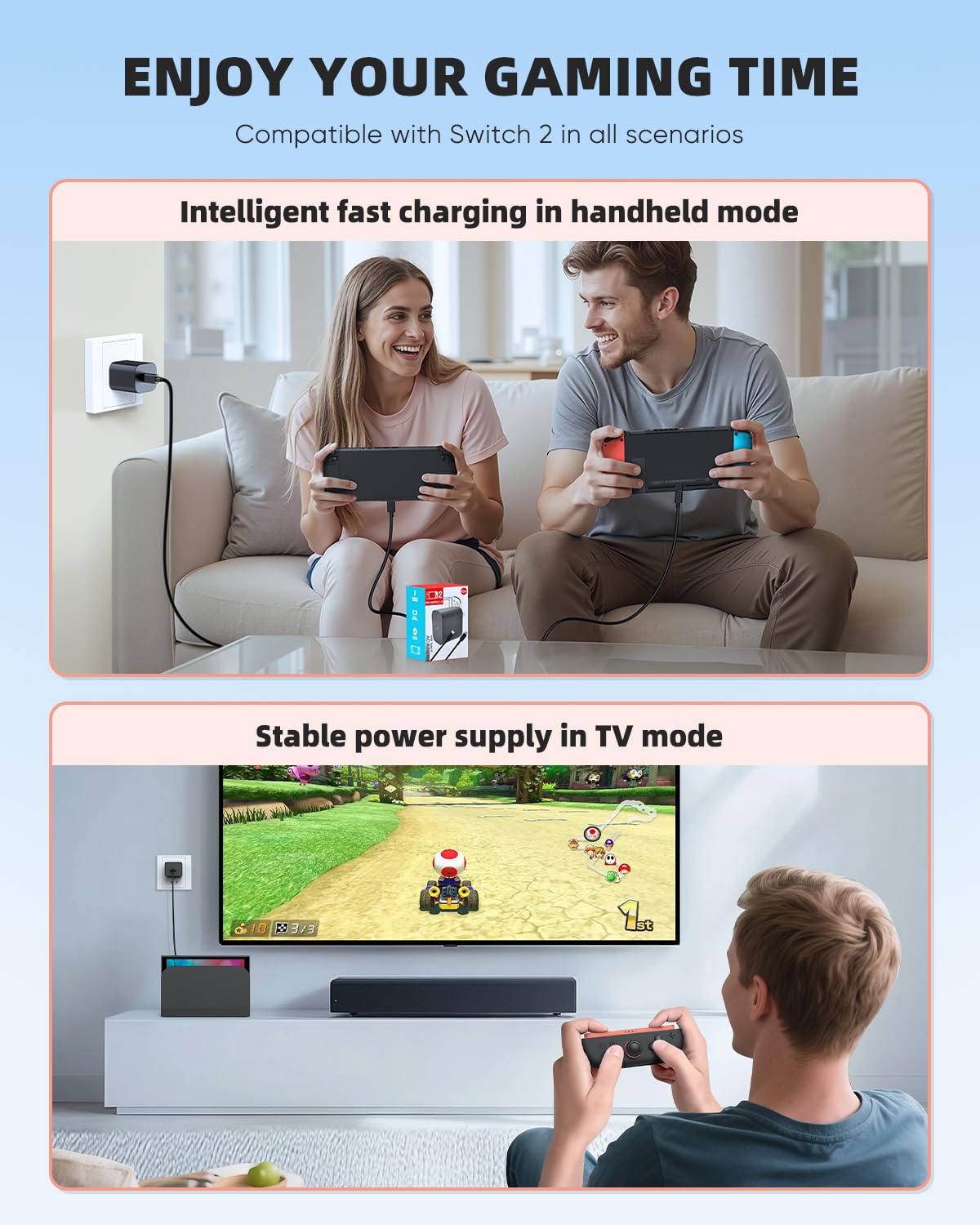 Switch 2 Charger - 60w AC Power Adapter for Nintendo 2/1 with 5FT/1.5M Official Length, Support 4K TV Dock, PD 3.0 Fast Charging Supply 20V/3A for Switch Chargers [Replacement for OEM Switch2 Charger]