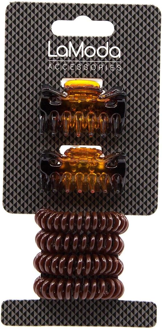 LaModa Hair Clamps and No-Kinks Hair Ponytail Holder Set.2 Hair Clamps. 4 Ponytail Holders, Brown