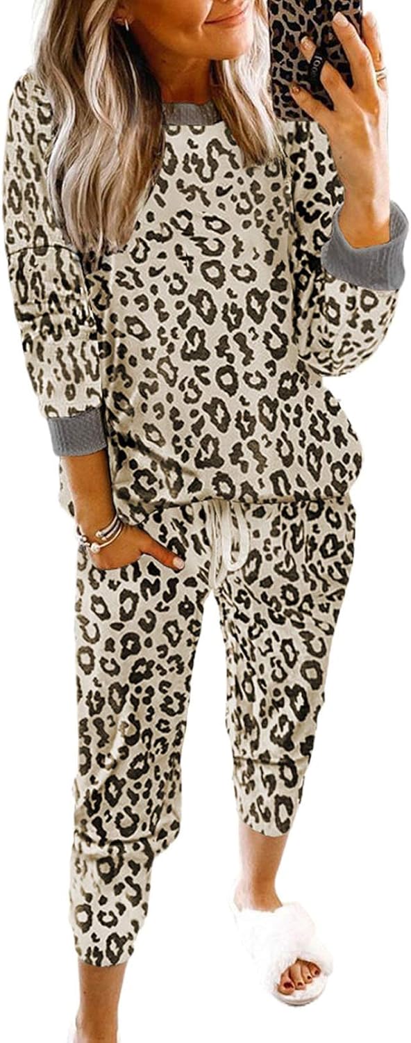Women's Leopard Print Pajamas Set Long Sleeve Round Neck Shirt Long Pants Joggers PJs Nightwear 