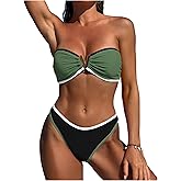 ZAFUL Women's Bandeau Bikini V Strapless Confetti Colorblock Tie Back High Cut Two Piece Swimsuit Bathing Suits