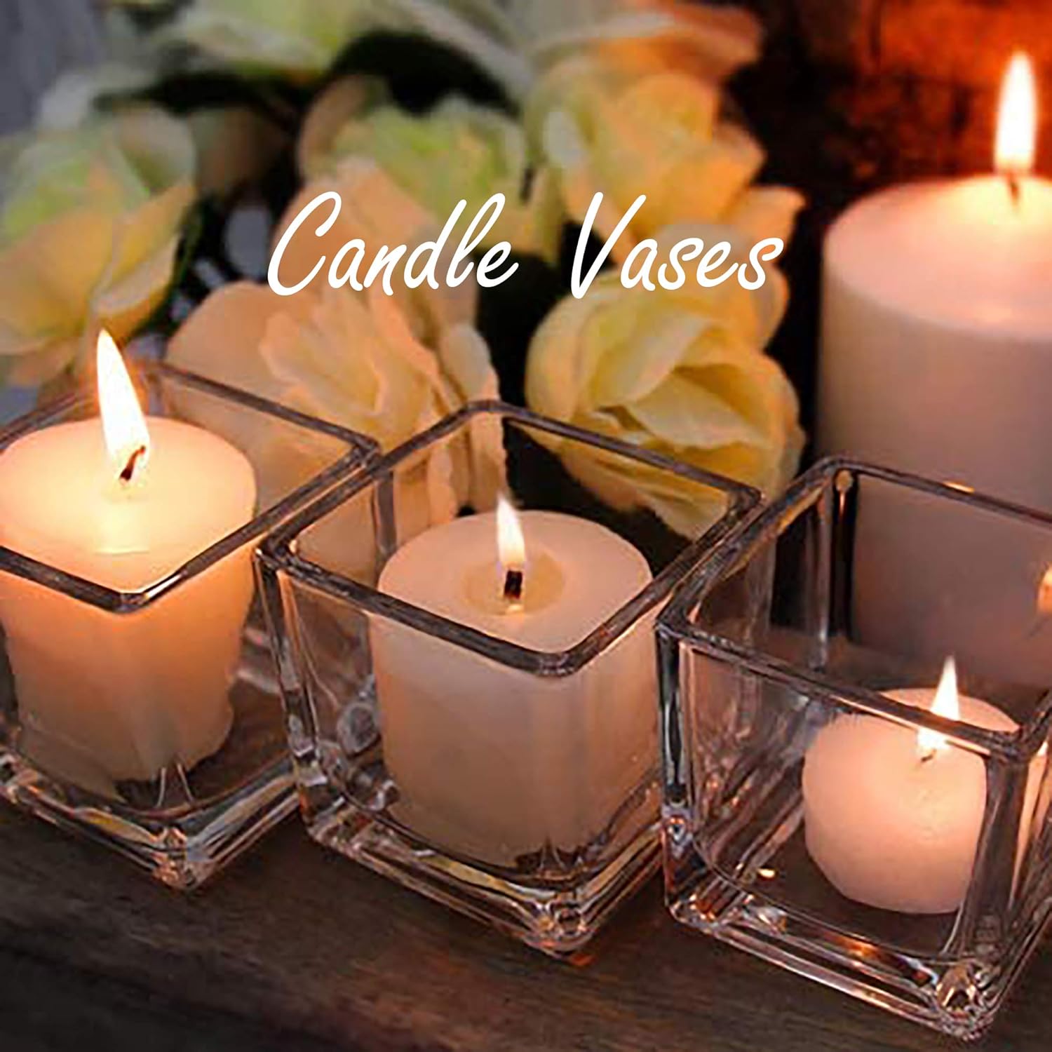 CYS Excel Glass Votive Candle Holders Bulk 12 pcs 2.5" Cube | Tealight Candle Holder Sets | Clear Glass Wedding Centerpieces: Kitchen & Dining