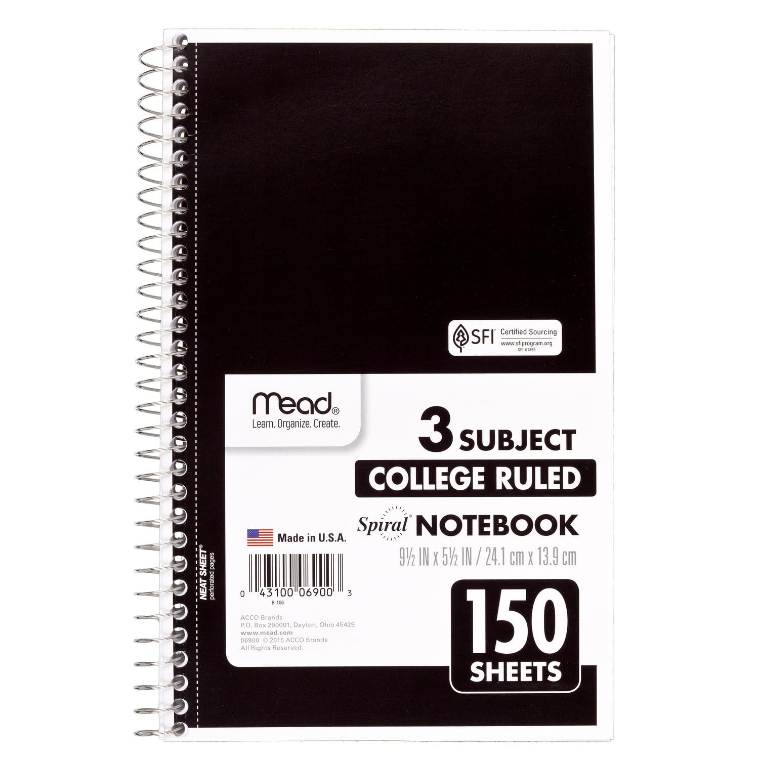 Photo 1 of Mead Small Spiral Notebook, 3-Subject, College Ruled Paper, 9-1/2" x 5-1/2", 150 Sheets per Notebook, Color Will Vary, 1 Count (06900)