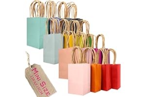 qiqee 32 Pcs Mini Paper Favor Bags with Handles 6"x4.5"x2.5" 16 Rainbow Colors Small Gift Kraft Party Treat Bags