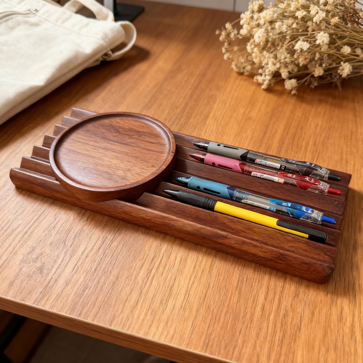 JUTSTJUKO Pen Holder Wave Pen Tray Wooden Desk Organizer,Pencil Holder,Fountain Pen Tray,Pencil Organizer Pen Organizer for Desk (Walnut)