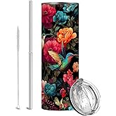Firmiso 20 oz Tumbler | Skinny Insulated Travel Mug with Leak-proof Lid and Telescopic Straw | Hummingbird & Peony Stainless Steel Coffee Cup for Hot & Cold Drinks | Hummingbird Gifts for Women