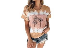 Attine Oversized Sweatshirts for Women, Women Tie-Dye Print Tee Short Sleeve Blouse Round Neck Plus Size Workout Shirts