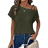 Dokotoo Womens Summer Tops Off One Shoulder Waffle Knit Short Sleeve T-Shirts Casual Lightweight Solid Color Blouses